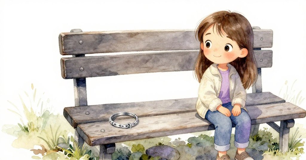 米拉拾得銀手鍊後，空木椅靜立於青苔石旁，柔光映襯下極盡細節，象徵探索結束後的寧靜與回味。