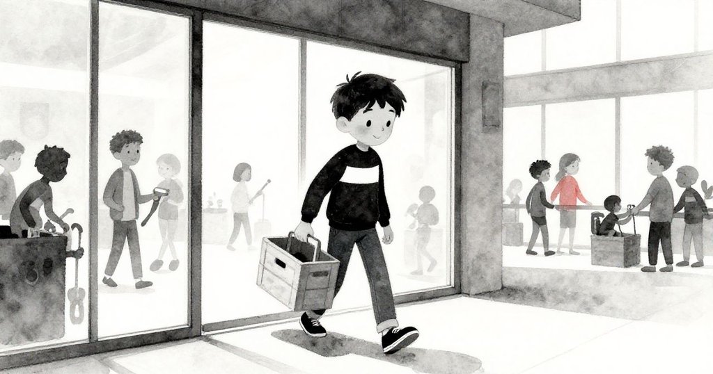 米洛推著箱子進入現代大廳，臉上帶著期待與緊張，玻璃門外光影交錯背景繁忙的工作環境