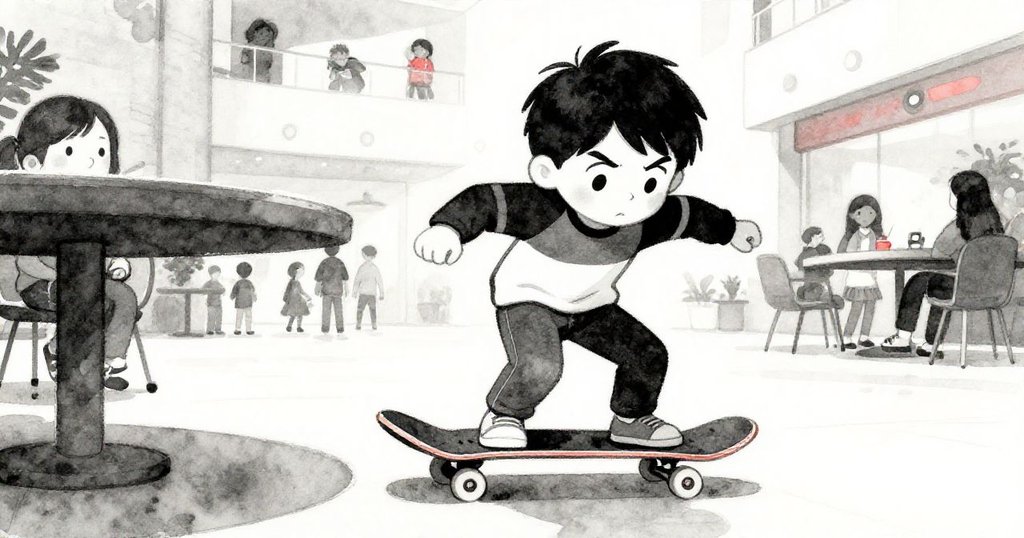 米洛低角度急伸手穩住搖晃的箱子，臉上流露驚訝與決斷，背景中滑板與眾人注目