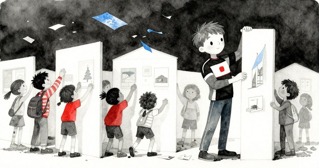 風吹起藍色透明膜與文件，米洛與參賽者忙著穩住展示品，場面顯得緊張卻充滿團隊力量