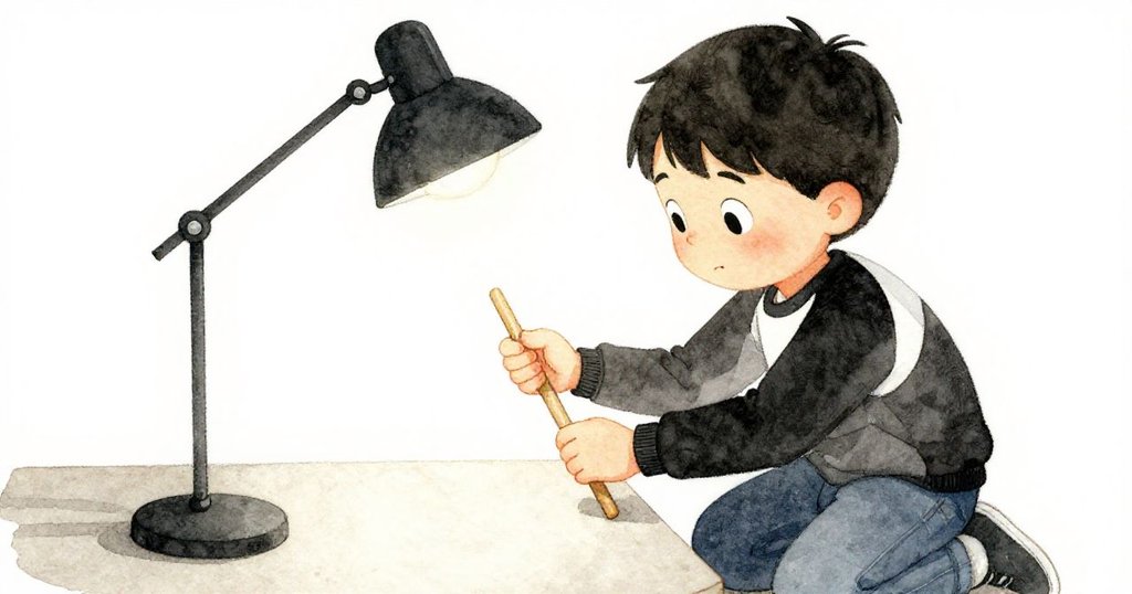 米洛蹲下細心調整橋模型，手中木棍輕推橋臂與燈柱，眼神專注而堅定，場面靜謐