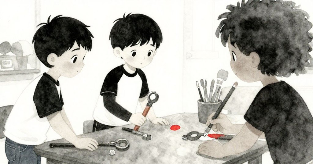 米洛整理好橋模型，隊員遞上螺絲起子彼此點頭微笑，溫暖安心氣氛溢出工作台