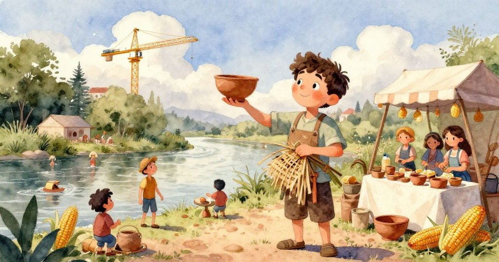 馬特奧表情專注中帶著一絲憂慮，眼神明亮而堅定，背景市集模糊，呈現細膩水彩風格。