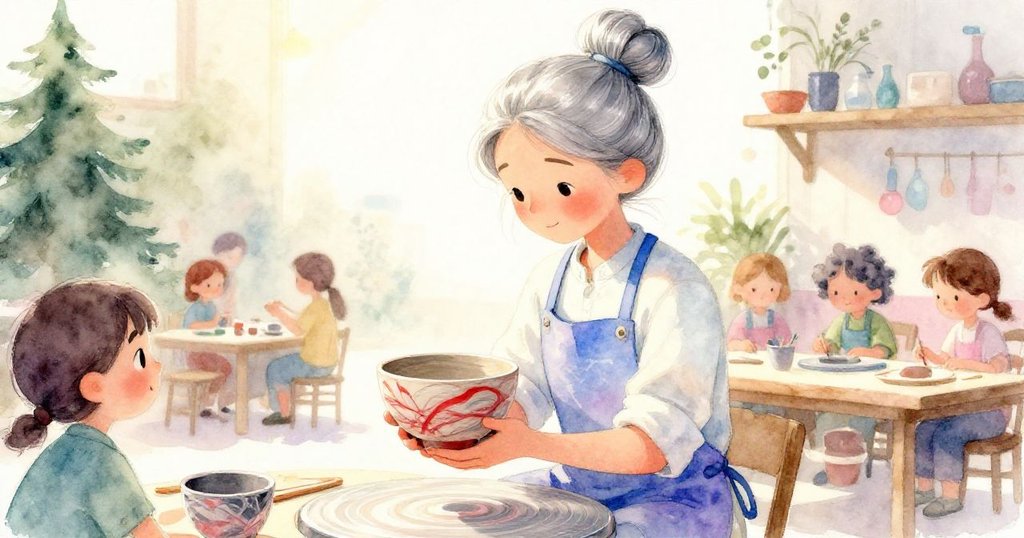 陶藝家低角度舉起帶紅紋陶碗迎向午後陽光，展示紋理細膩之美，背景隱約見市集喧囂。