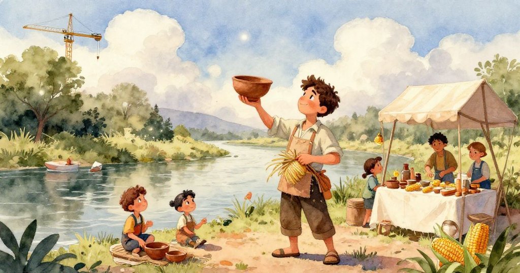 攤販穿條紋圍裙在戶外烹飪攤位前攪拌熱鍋，蒸氣中一道紅湯滴飛至旁陶碗上，充滿溫暖水彩情調。