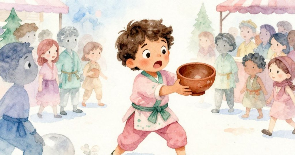 馬特奧在熙攘市集中被推擠急忙抓緊搖晃陶碗，臉上流露焦急與緊張，背景人群略顯模糊。