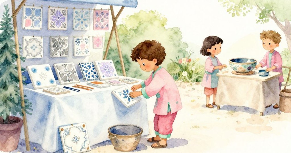 馬特奧整理樣品磚，陶藝家微笑陳列富詩意紅紋陶碗，陽光映照市集角落，呈現平靜且充滿希望的結局。