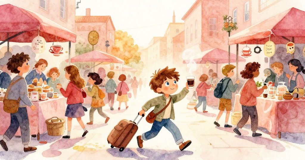 Felix在熙熙攘攘的火車站市場中穿行，觀察咖啡蒸氣與行李車輪，臉上滿是好奇與期待情緒。