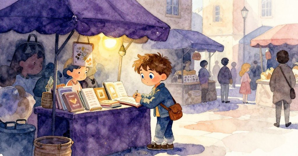 Felix靜靜站在攤位前，凝視老舊旅行日誌，背景留白凸顯其專注與期待心情。