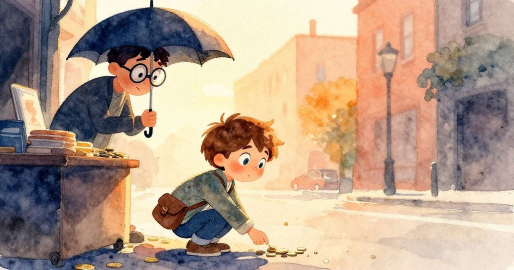 Felix彎腰撿起散落的硬幣，和戴著眼鏡、撐著傘的攤販進行無言交流，充滿暖心氛圍。