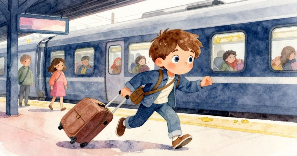 Felix在火車月台上避免和行李碰撞，動作敏捷，神情專注與釋然，背景呈現繁忙旅客。