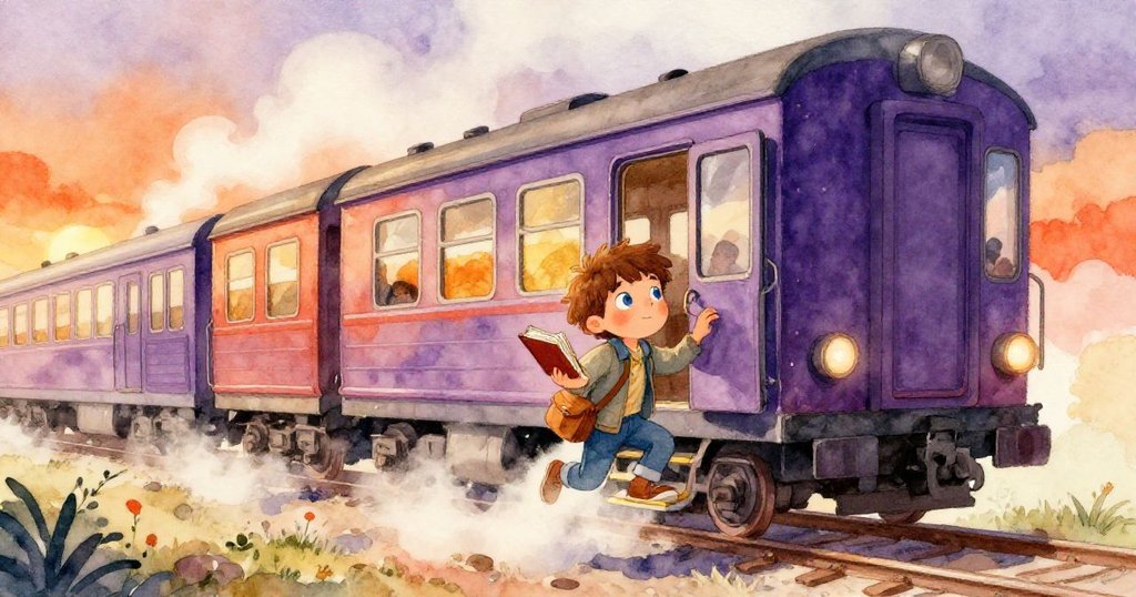 Felix懷抱尋獲的日誌走向蒸汽升騰的火車，臉上充滿喜悅與期待，象徵新旅程開始。