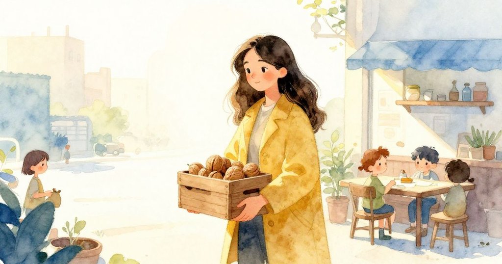 Laurel穿著大衣攜核桃盒離開小工作室，在柔和晨光中邁步走向明亮填滿的街道，神情堅定且充滿期待。