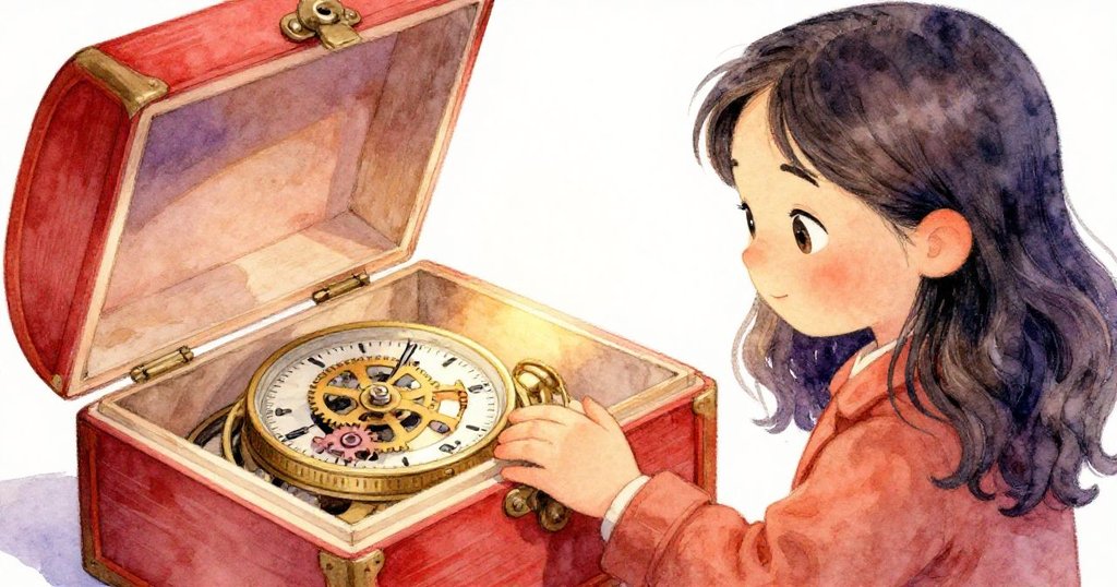 Laurel小心翻開核桃盒，露出精緻的時間機裝置，手中輕觸齒輪細節，神情充滿好奇與謎樣期待。