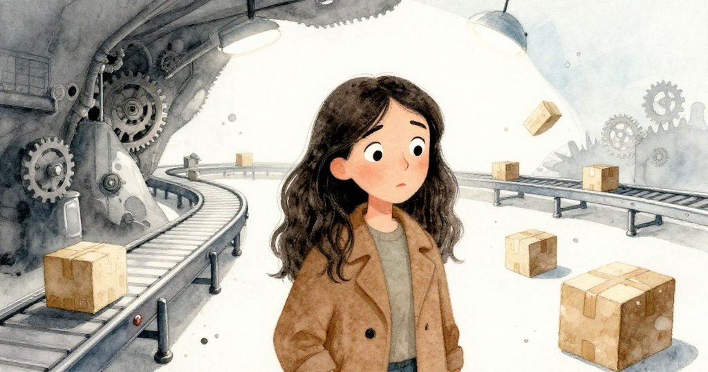 Laurel在熙攘物流中心中驚訝注視傳送帶故障，齒輪猶如亮種散落，場景呈現奇異變形視角，充滿動感與驚愕。