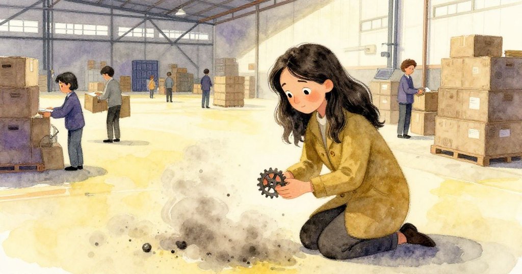從高位俯瞰，Laurel蹲下拾起遺失齒輪，背景中職員忙碌且貨箱運轉，塵埃與紙屑隨風飄動，氣氛緊湊。