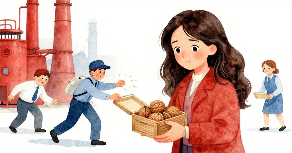 Laurel與快件員互動時盒子滑落，職員紛紛伸出援手，表情驚訝與體貼，場面熱鬧且充滿溫暖連結。