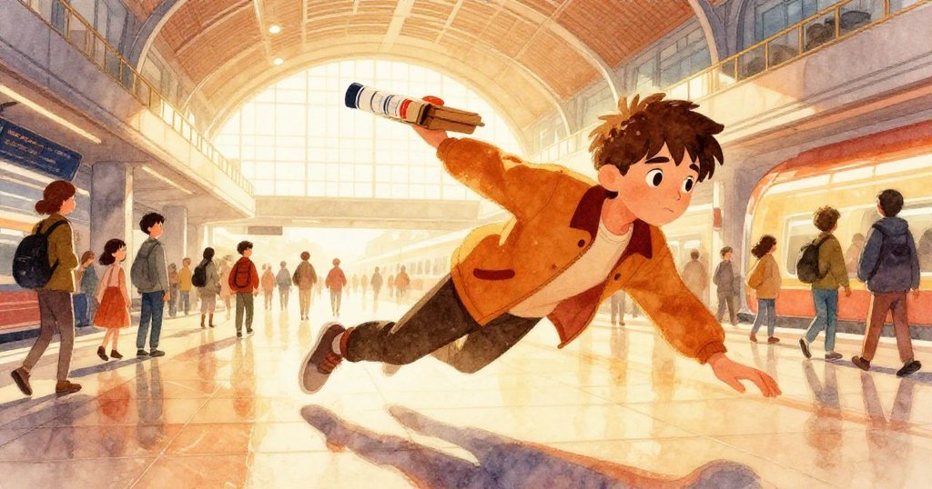 艾利亞斯滑入明亮的車站中，手持紙板飲料托盤與長郵件管，動作流暢，背景燈光溫暖，充滿現代感與活力。
