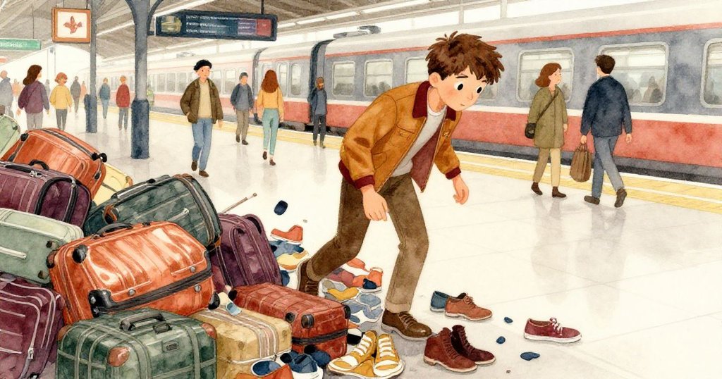 艾利亞斯在繁忙車站中行走，一邊是靜止行李、一邊是流動鞋群，對比強烈，顯示都市節奏與挑戰。