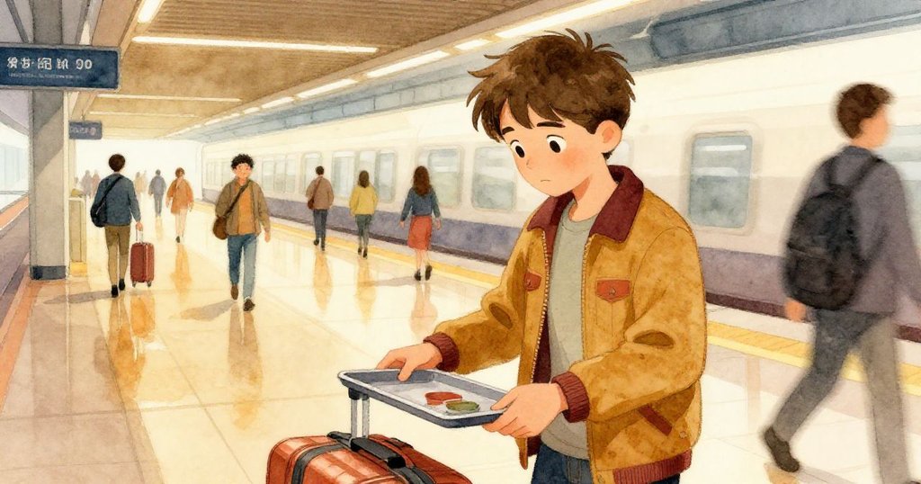 艾利亞斯小心調整托盤，一名急匆匆旅客擦肩而過，光線映在亮麗瓷磚上，展現出他的專注與謹慎。