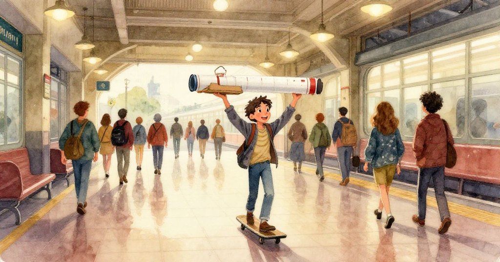 咖啡輕輕溢出呈現水下效果，透出柔和光影，車站數位看板閃爍背景，帶來超現實且神秘的氛圍。