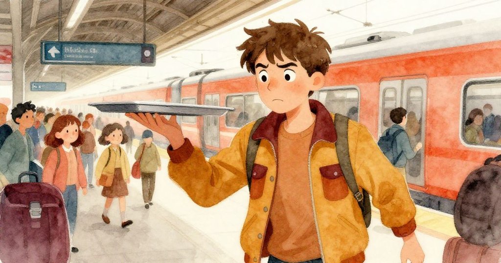 艾利亞斯在擁擠車站中努力穩住托盤，肘部緊貼身體，表情堅定，展現出克服意外時的緊張與決心。