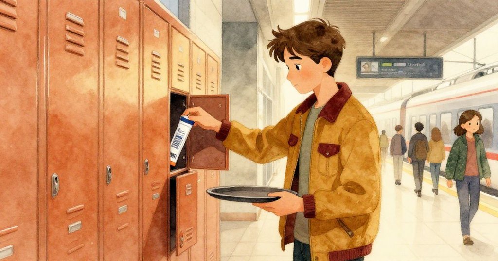 艾利亞斯最終抵達儲物櫃區，溫柔地放入郵件管並安置托盤，燈光平穩，臉上露出解脫與滿意的微笑。