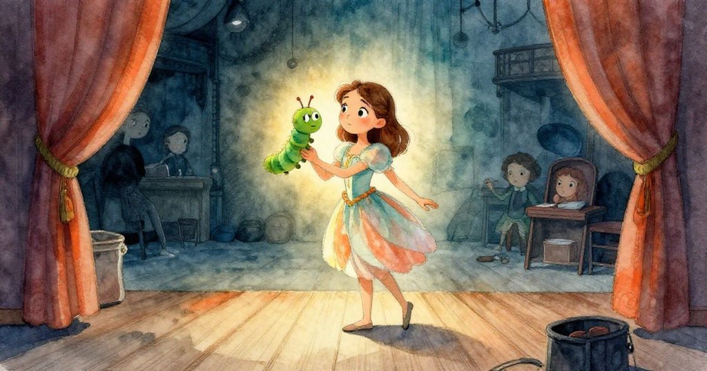 Naomi 踏入暗淡劇場後台, 握著綠色毛毛蟲木偶, 舞台背景柔和燈光中充滿期待與神秘感, 古典布幕與木質地板細節豐富