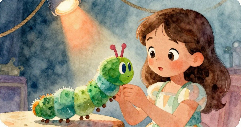 Naomi 仔細把玩綠色毛毛蟲木偶, 手指輕彎測試木偶小腿, 背景含舞台繩索和柔和燈光, 表情專注