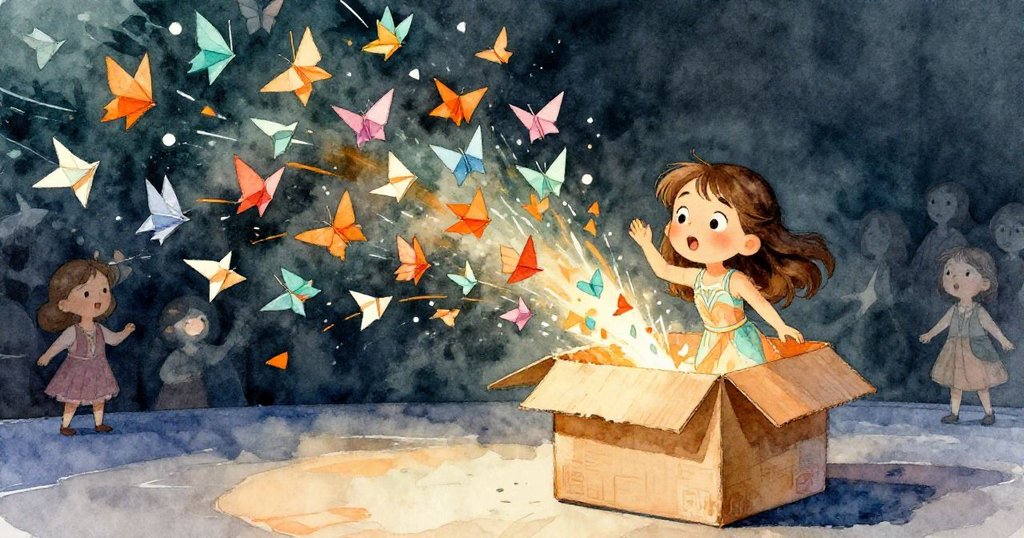 Naomi 目睹紙箱爆開, 数百張摺紙蝴蝶在舞台中飛舞, 舞台燈光與動態氣流完美交織, 表情充滿驚喜