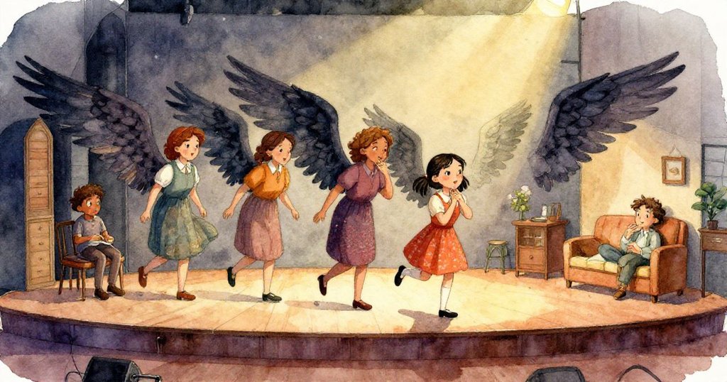 空蕩音樂廳中, 摺紙蝴蝶輕舞於座椅與扶手間, Naomi 在遠景中驚喜注視, 場景充滿夢幻色彩