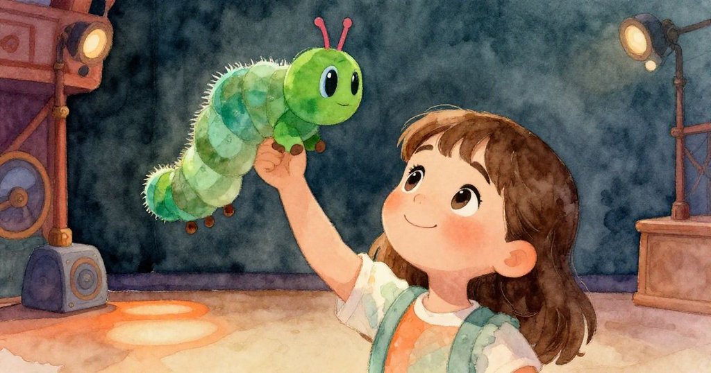 Naomi 靜立於安靜舞台上, 手持綠色毛毛蟲木偶高舉, 露出滿足微笑, 背景舞台機械靜謐無聲, 氣氛溫馨平靜