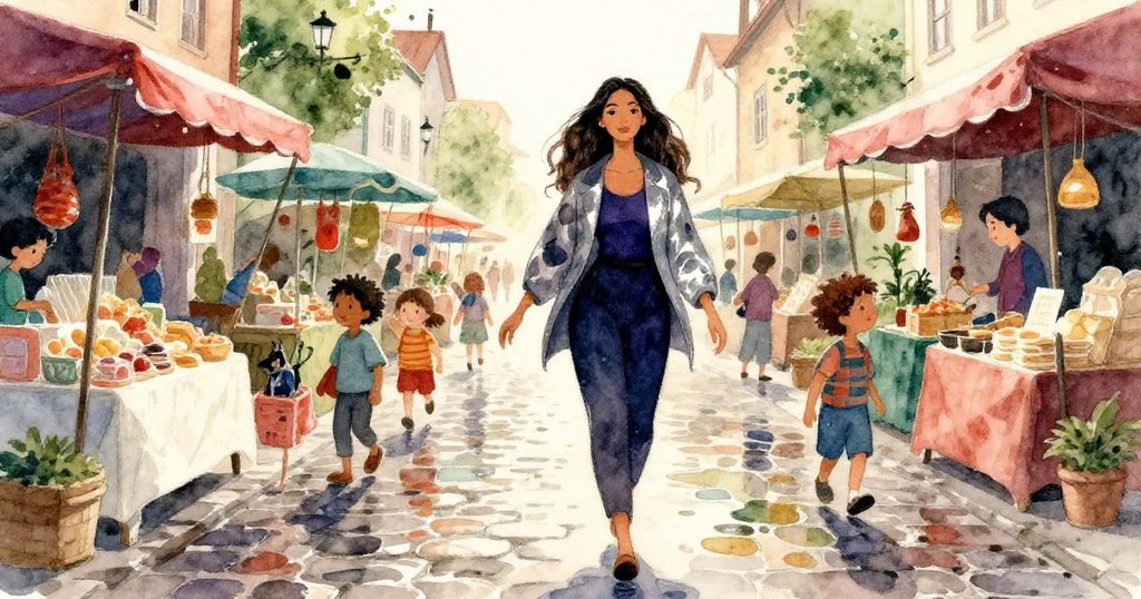 米拉在雨後閃爍鵝卵石的市場中漫步,彩色帳篷與攤販交織,神情愉快充滿探索感。