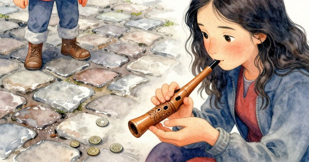 米拉俯身仔細看著雕刻木哨與散落硬幣,專注神情流露懷舊與溫柔情懷。