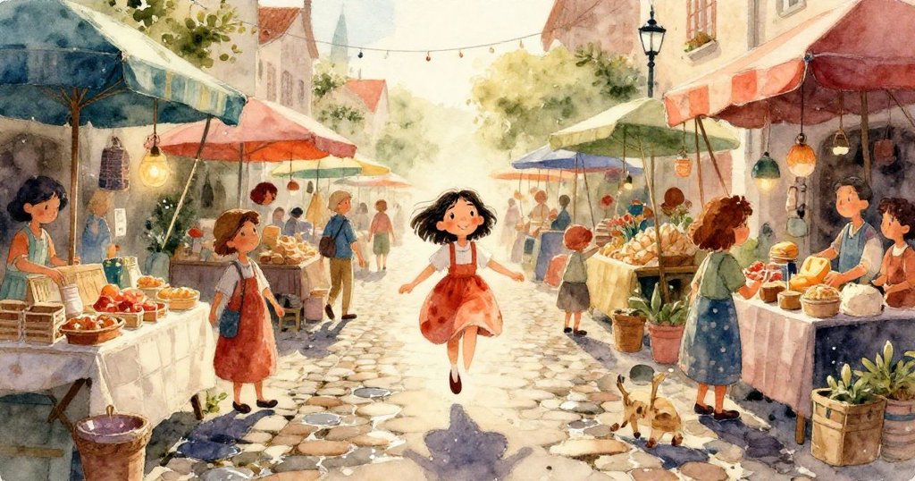 兩位少年在市場攤位間拼裝紙風箏,攤販展示糖果堅果與地圖,場景充滿活力。