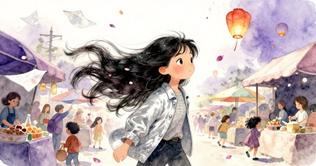 市場中突起狂風捲動紙巾、花瓣與紙燈籠,眾人驚喜注目,氛圍夢幻而溫柔。