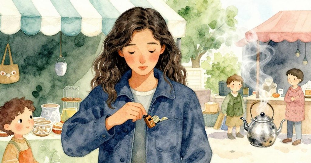 米拉在條紋遮簷下將硬幣與木哨收入口袋,神情安定,市場風平浪靜,蒸汽輕繞。