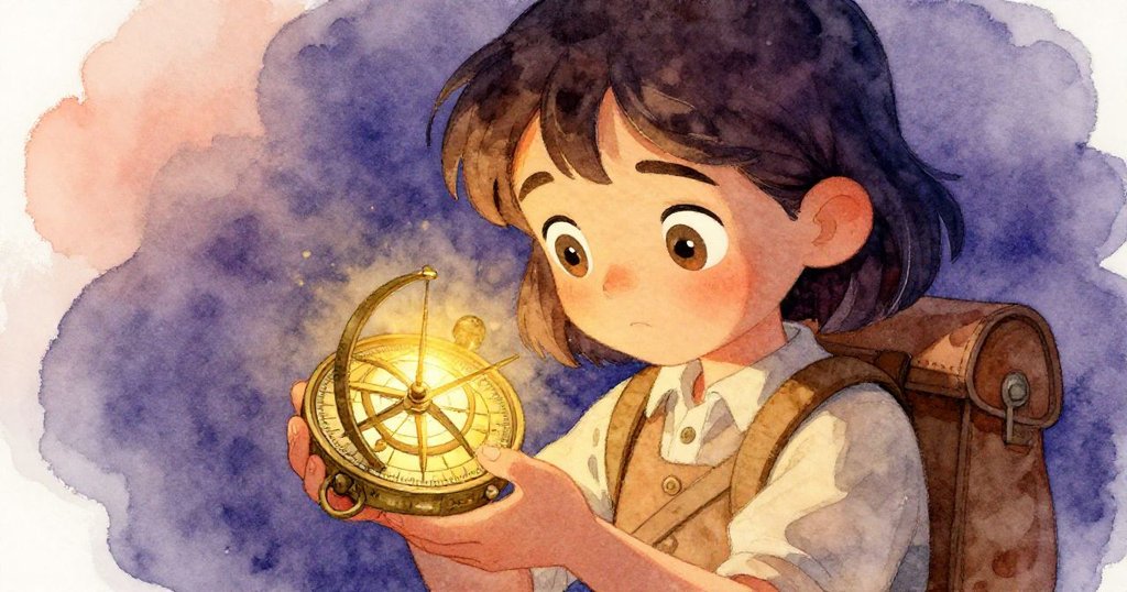 Lena 仔細端詳懷中的黃銅星盤，她圓溫柔的眼神充滿驚奇與專注，在暖光映襯下展現精細古器。