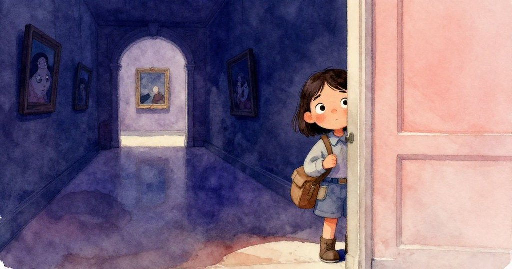 Lena 站在博物館走廊分岔處，透過微開門縫觀察前路，神情既猶豫又堅定，在光影交織中顯露深思。