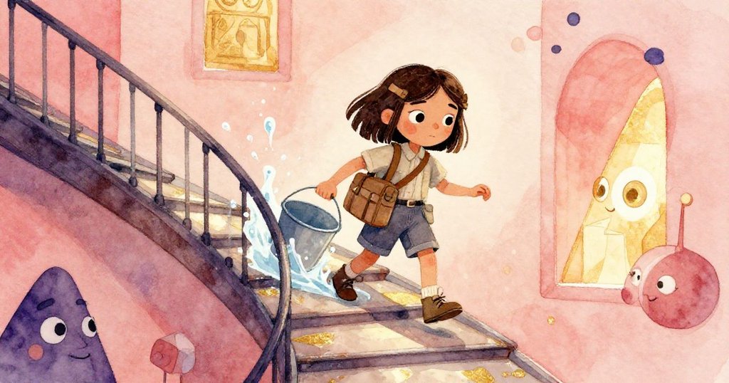 Lena 在曲折樓梯前輕推維修桶，水花四濺，她動作靈活，背景呈現奇幻幾何結構，充滿冒險氣息。