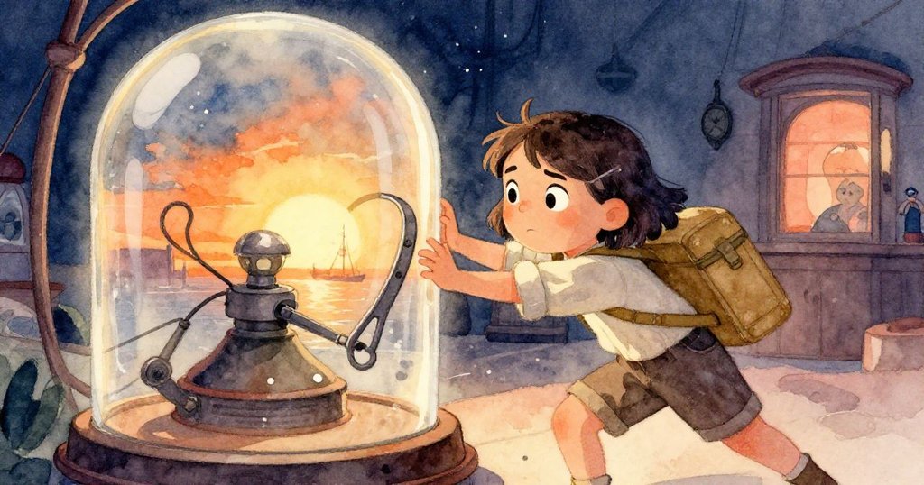 Lena 用肩膀猛推玻璃圓頂的艱難舱口，夕陽金光映襯中，她神情堅毅果斷，充滿冒險與挑戰。