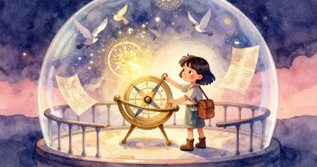 在圓形露台上，Lena 展開星盤，鴿群驟起、光環與馬賽克交織，映出古老地圖痕跡，故事充滿續篇可能。