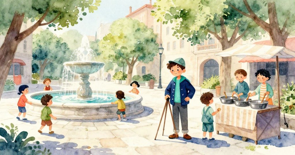 Marco在石廣場設置三腳架，夕陽光線穿透樹梢灑在廣場上，孩子嬉戲歡笑，攤販忙碌，營造出溫暖動感的氛圍。