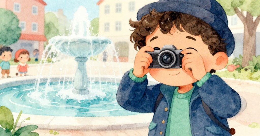 Marco專注凝視相機取景器，眼中滿是期待，背景模糊呈現噴泉動態，呈現專注與驚喜的神情。