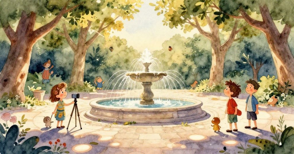 Marco眼中的噴泉瞬間，水柱旋轉，水珠閃耀，花瓣隨風飄揚，呈現出一幅奇幻動態的畫面。