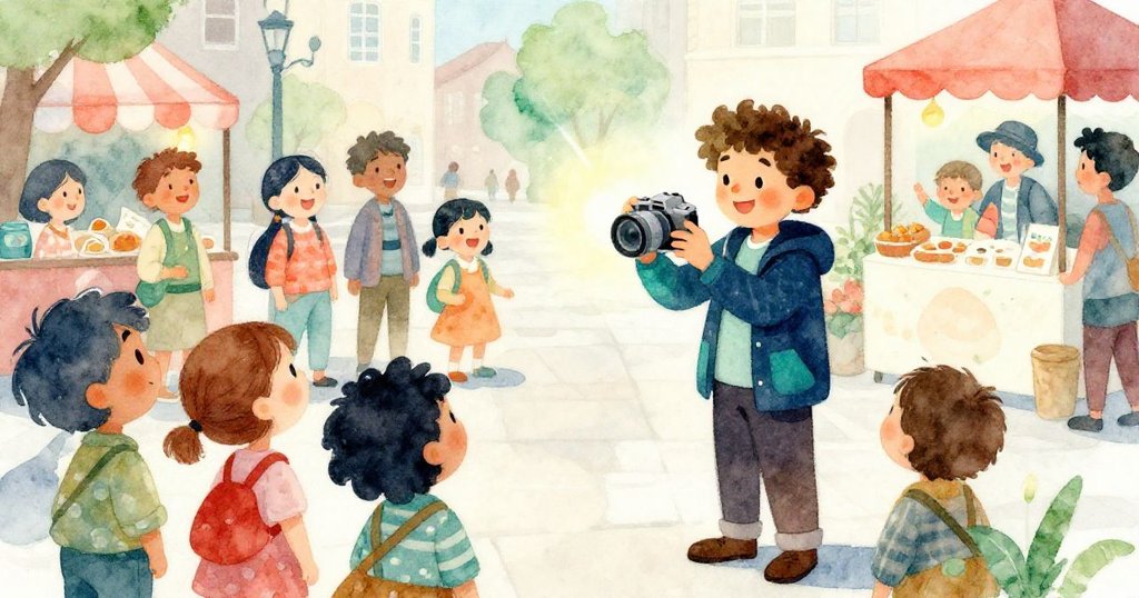 Marco按下快門後，群眾圍觀欣賞照片，笑容滿面，孩子與攤販共聚一堂，洋溢著驚喜與快樂。