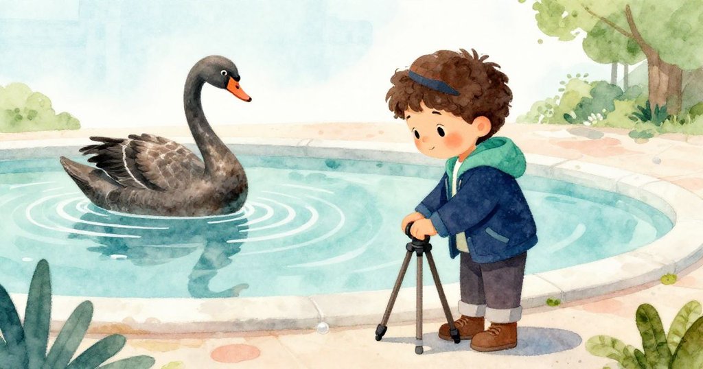 Marco收起三腳架，微笑離開安靜噴泉區，背景銅天鵝與柔和天際相映，展現溫暖寧靜的結局。