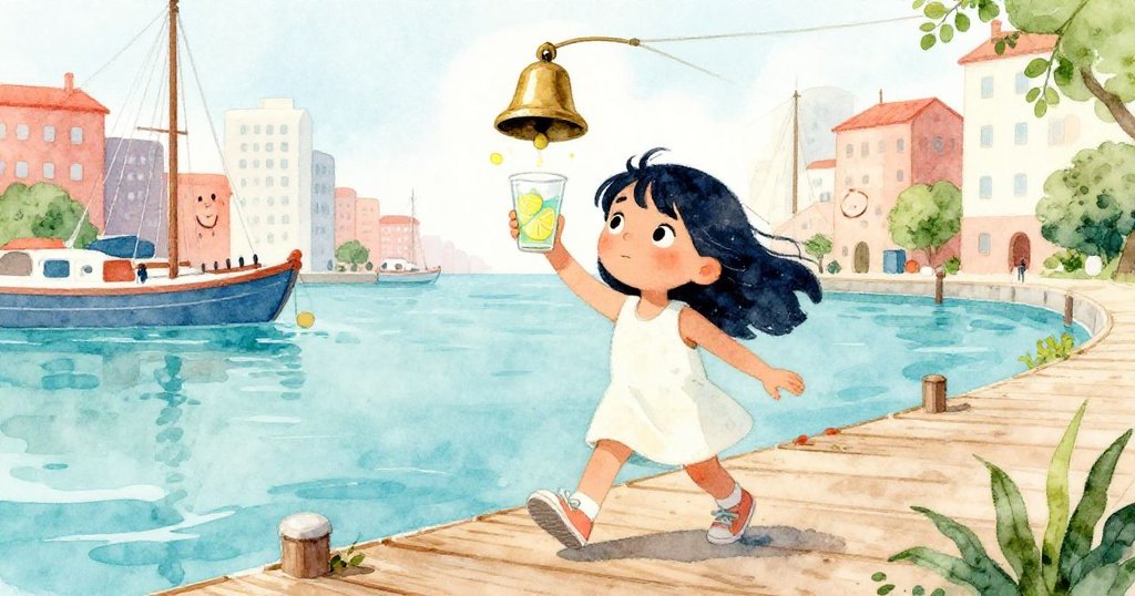 米拉在繁忙碼頭上穿行,手裡平衡著檸檬水紙杯,木板搖晃及鐘聲作伴,展開冒險起程。