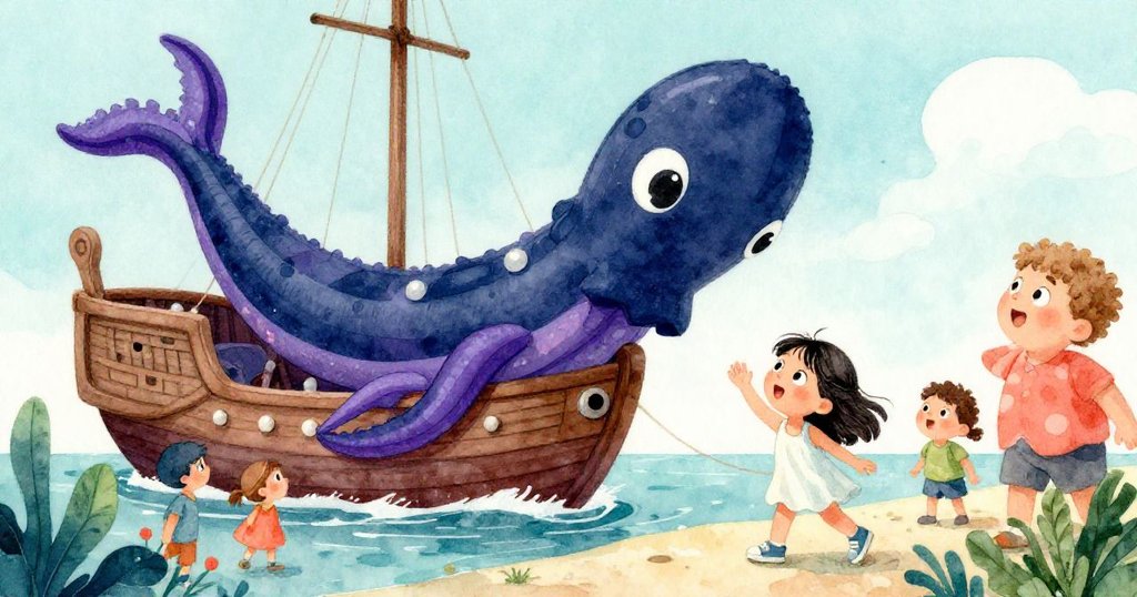 米拉與眾人驚愕地望向老巡遊船上突然展開紫色魷魚,氣氛充滿夢幻與活力,達到情節高峰。