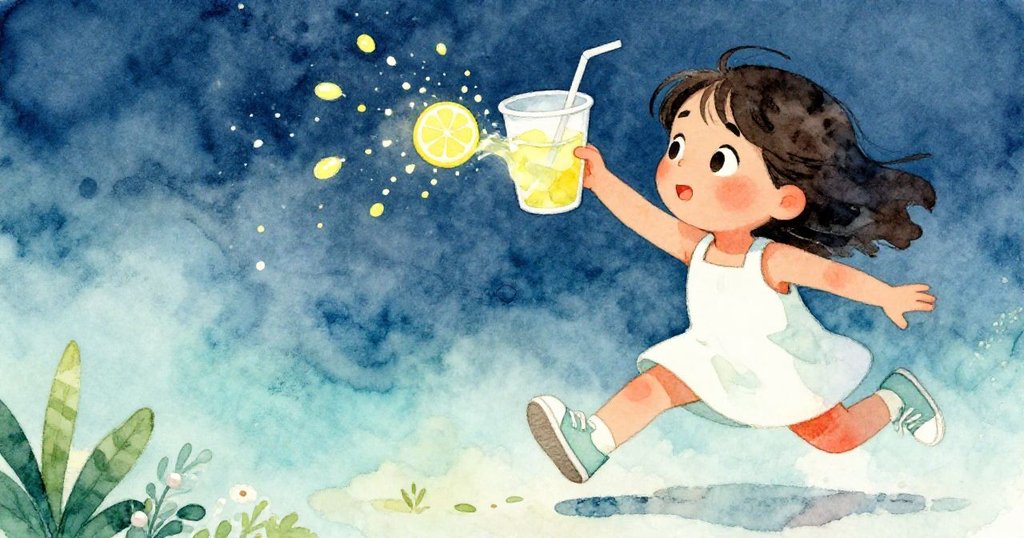 米拉失衡瞬間檸檬水濺出,飛濺的黃滴在水面反光,她驚訝表情明顯,瞬間定格轉折時刻。